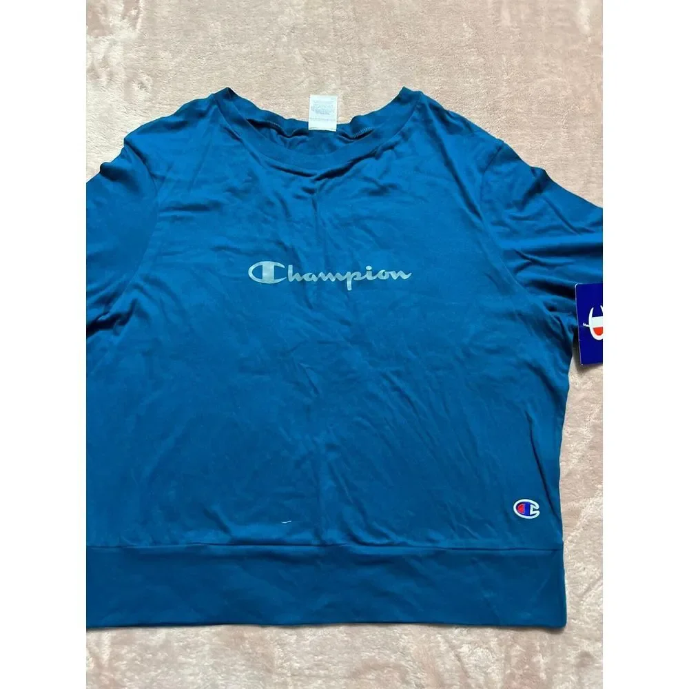 Champion Men T-Shirt Logo Spellout Long Sleeve Tee Pullover Blue Size Small‎